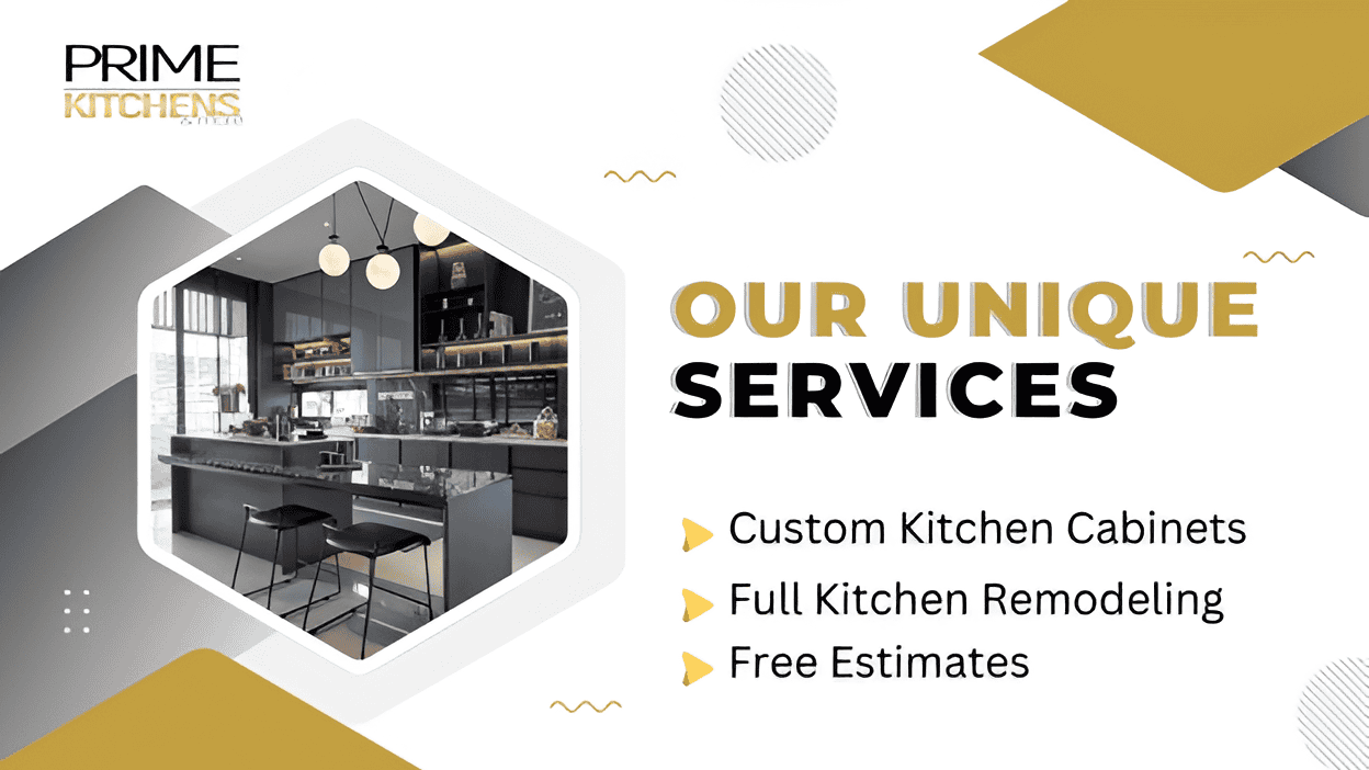 Advertisement for Prime Kitchens. The image displays a modern kitchen and lists services: "Custom Kitchen Cabinets, Full Kitchen Remodeling, Free Estimates." Offering premier Kitchen Remodeling Orlando Florida. The design includes geometric shapes and a color scheme of white, gray, and gold.