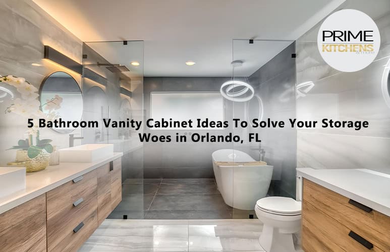 Modern bathroom featuring two wooden vanity cabinets with sinks, large mirrors, and circular hanging lights. A freestanding bathtub sits next to a glass-enclosed shower. Text overlay reads: "5 Bathroom Vanity Cabinet Ideas To Solve Your Storage Woes in Orlando, FL." Ideal for those seeking quality remodeling services in Orlando, Florida. Logo in top right corner.