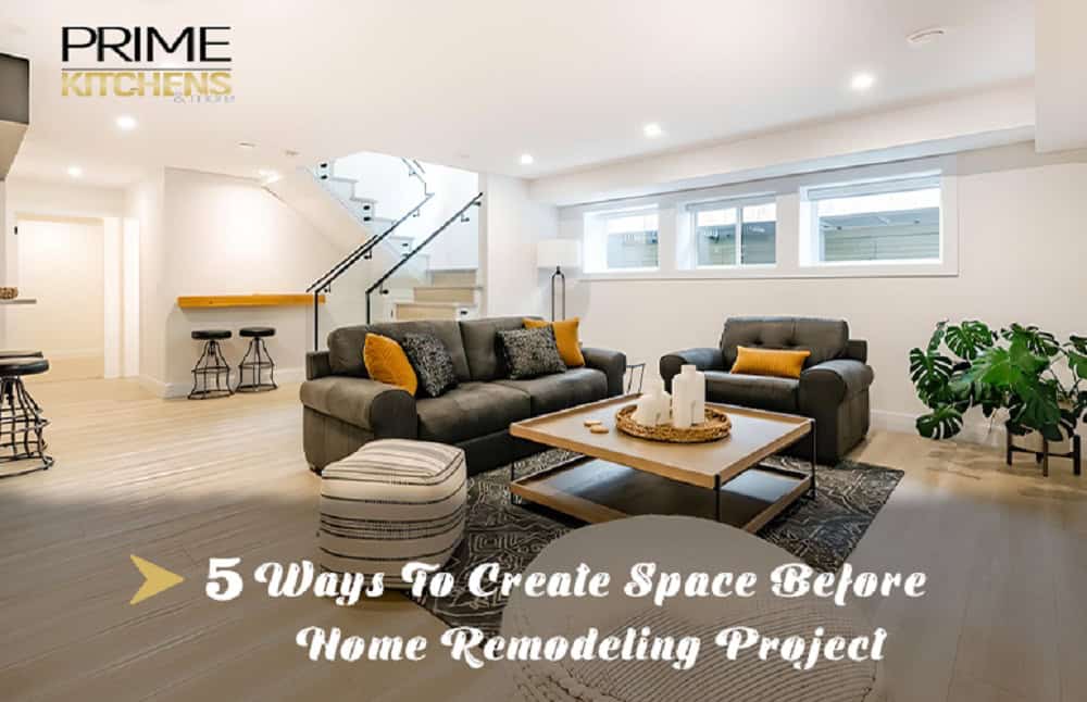 A modern living room with light wood flooring, beige walls, and recessed lighting. It features a gray sectional sofa, a wooden coffee table, indoor plants, and a staircase leading to an upper level. Text: "5 Ways to Create Space Before Home Remodeling Project - including Bathroom Remodeling Orlando Florida.