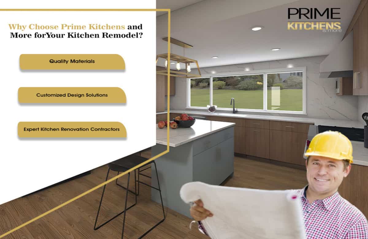 A graphic promoting Prime Kitchens with the tagline "Why Choose Prime Kitchens and More for Your Kitchen Remodel?" It features three benefits: Quality Materials, Customized Design Solutions, and Expert Kitchen Renovation Contractors next to a modern kitchen and a smiling contractor. Discover exceptional Kitchen Remodeling Orlando Florida!