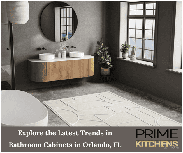 A modern bathroom featuring a floating wooden vanity with dual sinks and round mirrors, a white freestanding bathtub, a large white textured rug, and a potted plant by the window. Text overlay: "Explore the Latest Trends in Bathroom Remodeling Orlando Florida - PRIME KITCHENS.