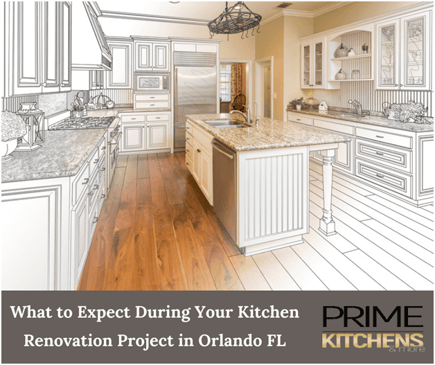 An image of a kitchen showing half in a detailed design sketch and half in a realistic, fully renovated state with granite countertops, wooden flooring, and white cabinetry. The text reads "What to Expect During Your Kitchen Renovation Project in Orlando FL" and "PRIME KITCHENS: Kitchen Remodeling Orlando Florida.