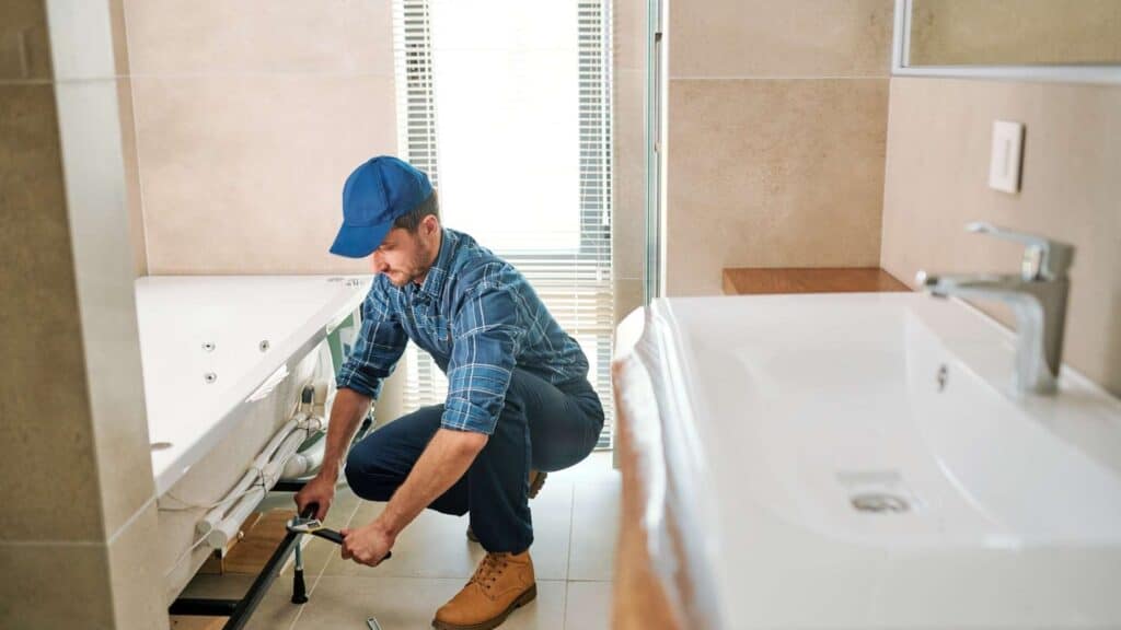 A plumber in a blue cap and plaid shirt crouches beside a bathtub, using a wrench to work on the plumbing. The bathroom has beige tiles, a white sink, and a mirror. Natural light filters through a window with blinds.