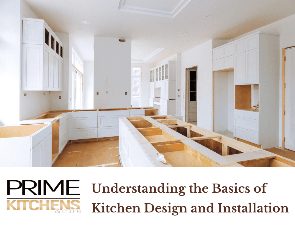 A kitchen under construction with white cabinetry and no countertops. Sunlight streams through a large window. Text at the bottom reads, "PRIME KITCHENS & more: Understanding the Basics of Kitchen Design and Installation.